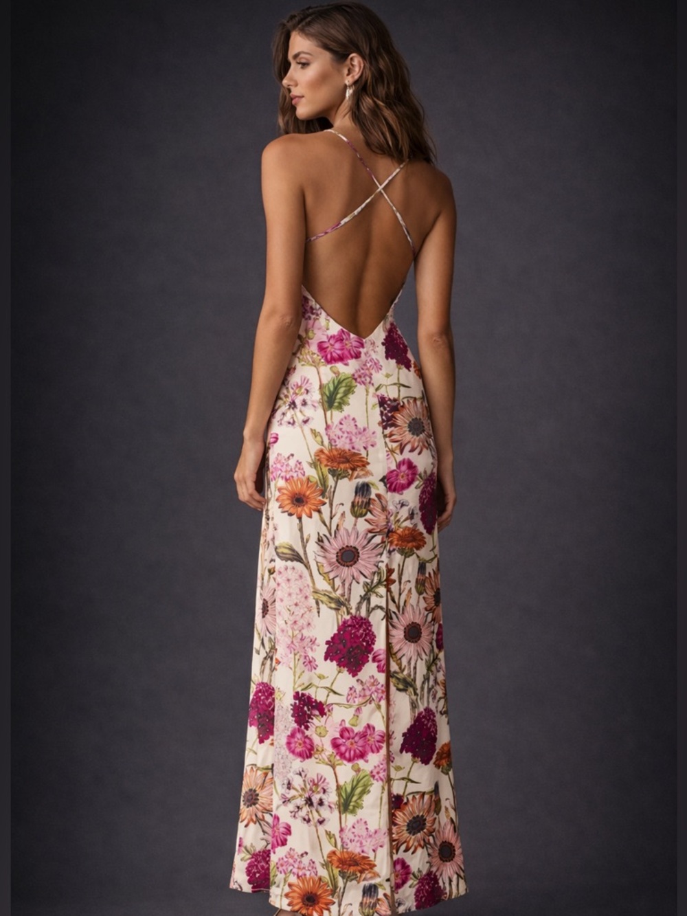 Katie May Boho Floral Midi Dress Satin Sheen Criss Cross Back - Picture 2 of 4